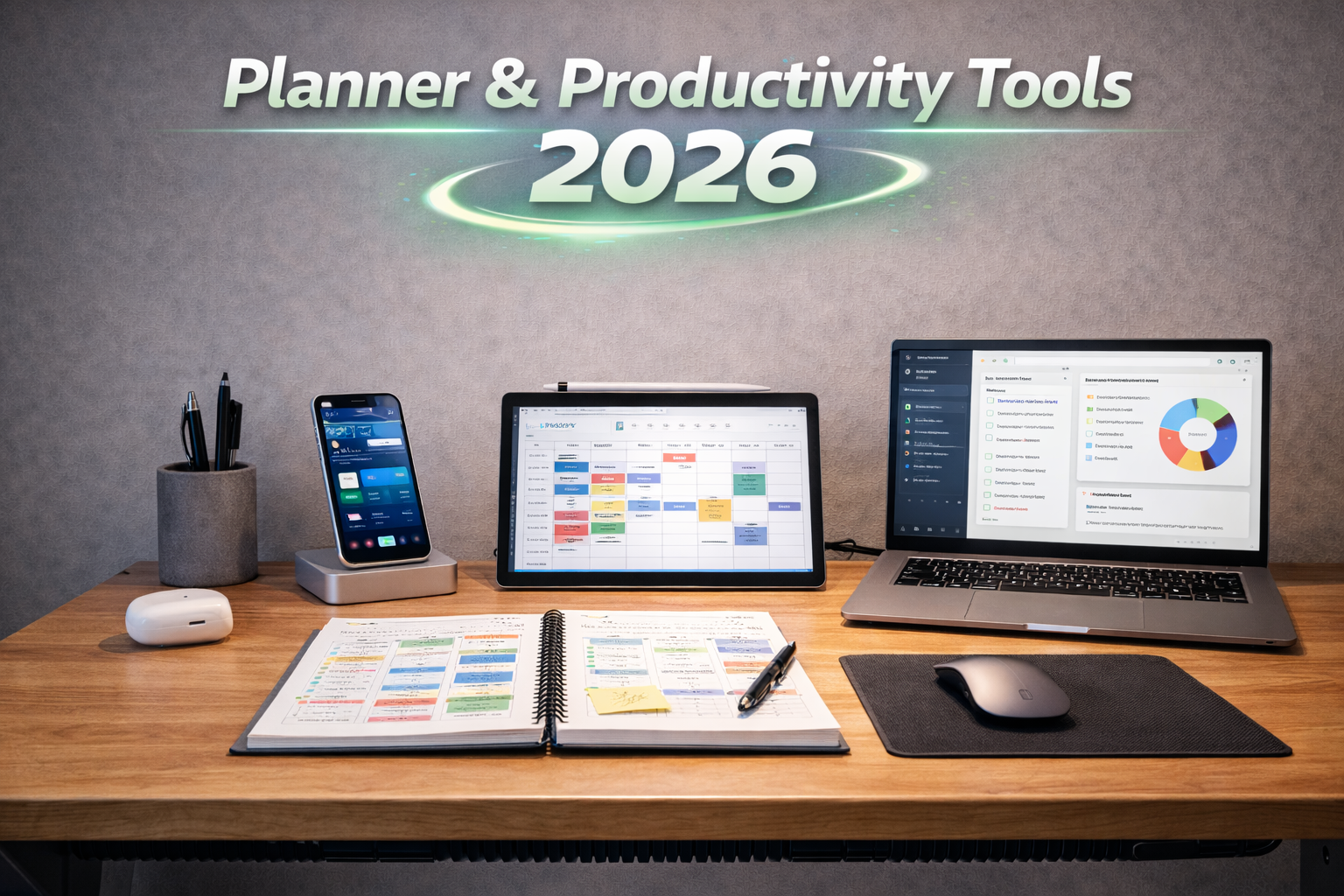 Planner and productivity tools on a tidy desk